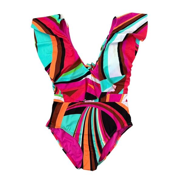 NEW Trina Turk Ruffle Flutter Sleeve Plunge One Piece Swimsuit Colorful Size 10 - Picture 2 of 9